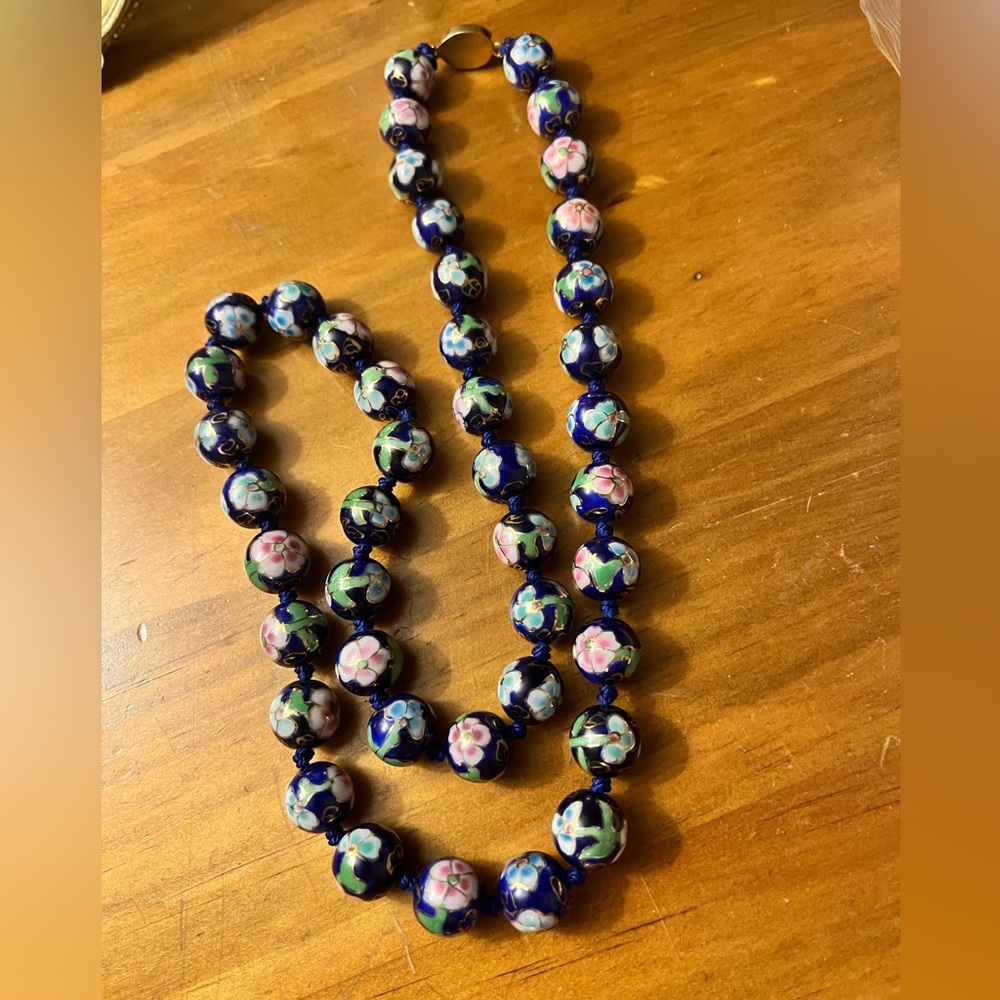 50's Chinese Cloisonné Long Beaded Floral Gold Blue Green Pink Enamel Necklace
